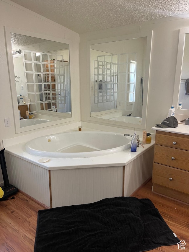 3772 N 15530 W, Altamont, UT 84001 - bathroom with a textured ceiling, vanity, wood finished floors, and a garden tub