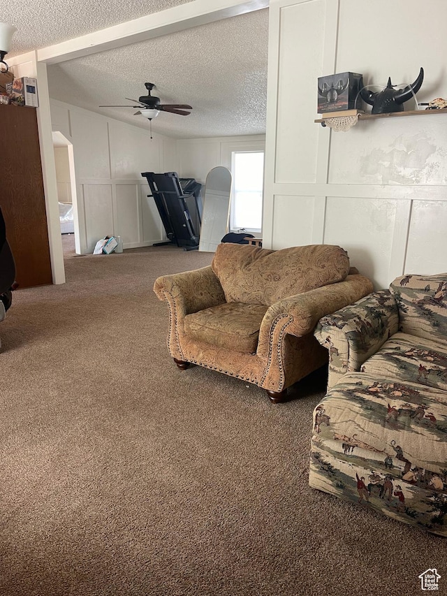3772 N 15530 W, Altamont, UT 84001 - living area featuring a decorative wall, ceiling fan, carpet flooring, and a textured ceiling