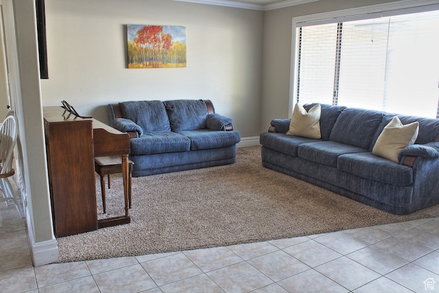 715 W 1600 N, Mapleton, UT 84664 - living room featuring light colored carpet, crown molding, light tile patterned floors, and baseboards