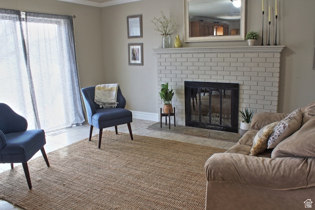 715 W 1600 N, Mapleton, UT 84664 - living room featuring a fireplace, tile patterned flooring, baseboards, and ornamental molding