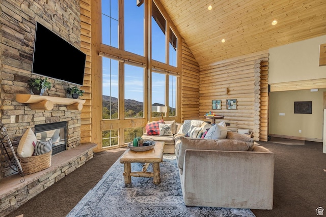 5404 Mountain Vw, Kamas, UT 84036 - living area featuring rustic walls, high vaulted ceiling, wood ceiling, carpet floors, and a fireplace