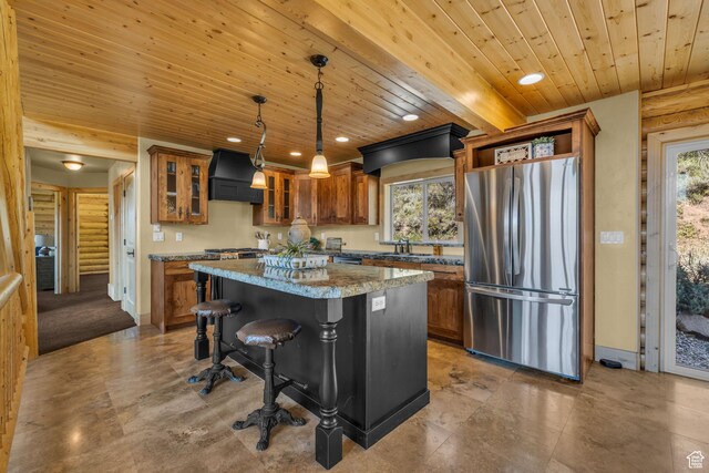 5404 Mountain Vw, Kamas, UT 84036 - kitchen featuring freestanding refrigerator, wood ceiling, premium range hood, and brown cabinets