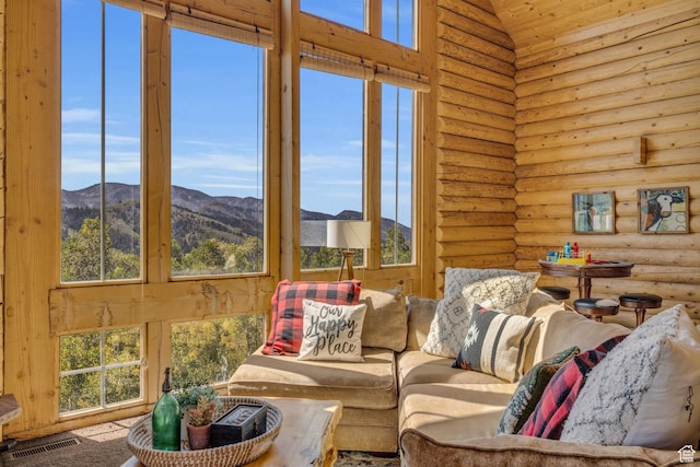 5404 Mountain Vw, Kamas, UT 84036 - living room with visible vents, high vaulted ceiling, log walls, and a mountain view