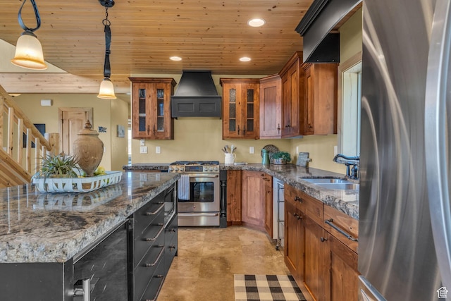 5404 Mountain Vw, Kamas, UT 84036 - kitchen with wine cooler, stainless steel appliances, a sink, custom range hood, and wooden ceiling