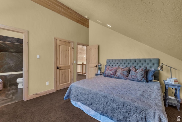 5404 Mountain Vw, Kamas, UT 84036 - carpeted bedroom with baseboards, lofted ceiling with beams, ensuite bath, and a textured ceiling