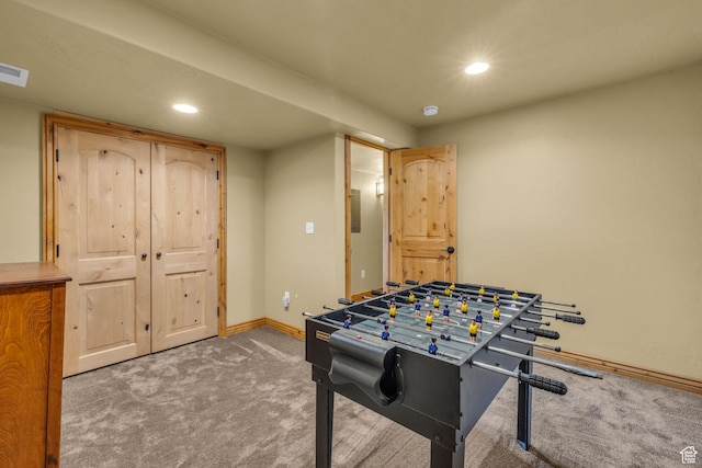 5404 Mountain Vw, Kamas, UT 84036 - rec room featuring baseboards, carpet flooring, visible vents, and recessed lighting