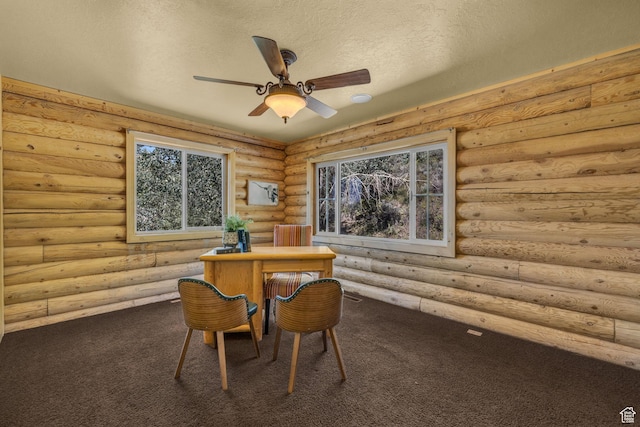 5404 Mountain Vw, Kamas, UT 84036 - carpeted office featuring plenty of natural light, log walls, ceiling fan, and a textured ceiling