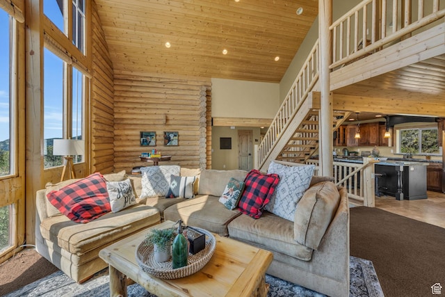 5404 Mountain Vw, Kamas, UT 84036 - living room featuring rustic walls, high vaulted ceiling, wood ceiling, and recessed lighting