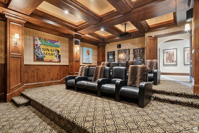 340 Hollyhock St, Park City, UT 84098 - home theater featuring beam ceiling, carpet floors, arched walkways, coffered ceiling, and baseboards