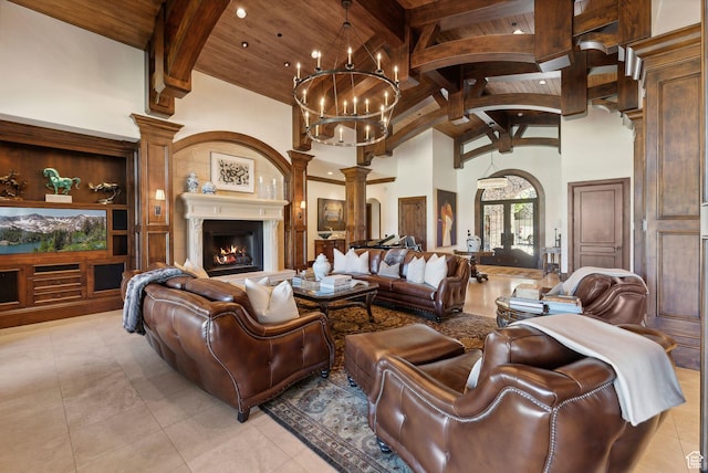 340 Hollyhock St, Park City, UT 84098 - living area featuring wooden ceiling, ornate columns, high vaulted ceiling, and beam ceiling