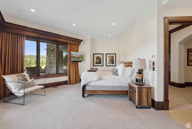 340 Hollyhock St, Park City, UT 84098 - bedroom with carpet flooring, baseboards, arched walkways, and recessed lighting