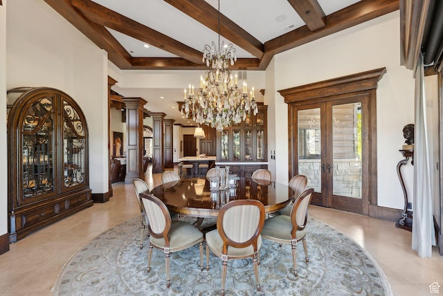 340 Hollyhock St, Park City, UT 84098 - dining room with an inviting chandelier, light tile patterned floors, french doors, beam ceiling, and baseboards