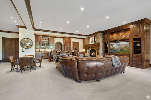 340 Hollyhock St, Park City, UT 84098 - living area featuring recessed lighting, bar area, crown molding, a fireplace, and light colored carpet