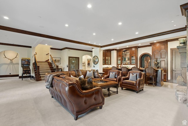 340 Hollyhock St, Park City, UT 84098 - living room with light colored carpet, stairs, crown molding, and recessed lighting