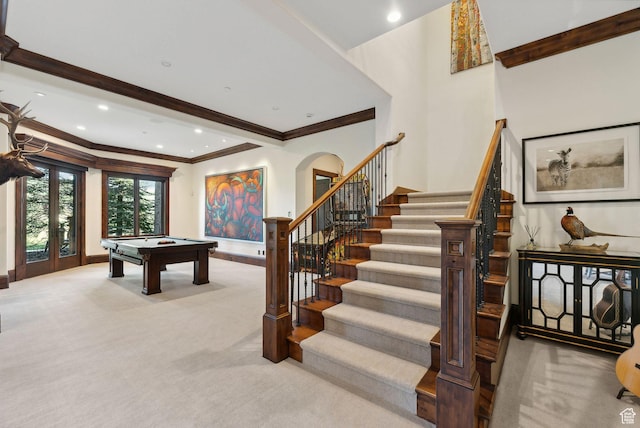 340 Hollyhock St, Park City, UT 84098 - playroom with carpet flooring, crown molding, baseboards, arched walkways, and pool table