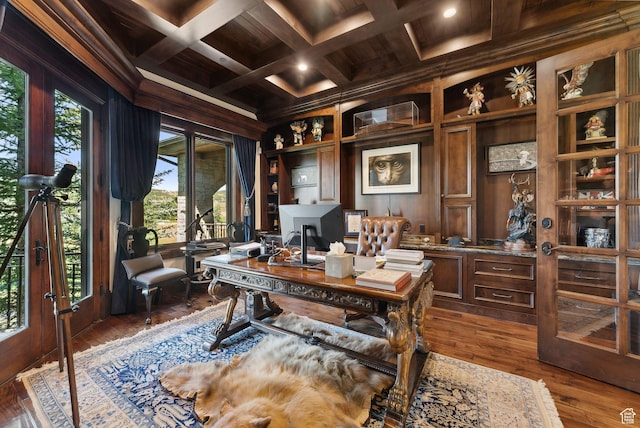 340 Hollyhock St, Park City, UT 84098 - office with coffered ceiling, dark wood finished floors, wood ceiling, and beam ceiling