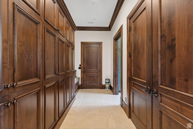 340 Hollyhock St, Park City, UT 84098 - hallway with ornamental molding, baseboards, light tile patterned floors, and visible vents