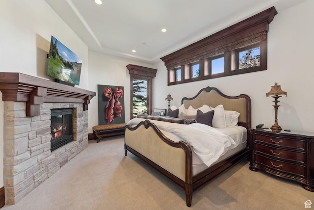 340 Hollyhock St, Park City, UT 84098 - bedroom featuring a fireplace, light carpet, and recessed lighting