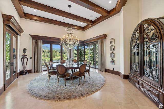 340 Hollyhock St, Park City, UT 84098 - dining space featuring an inviting chandelier, plenty of natural light, a high ceiling, and beamed ceiling