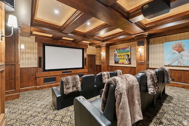 340 Hollyhock St, Park City, UT 84098 - cinema with carpet flooring, coffered ceiling, beamed ceiling, wooden walls, and ornamental molding