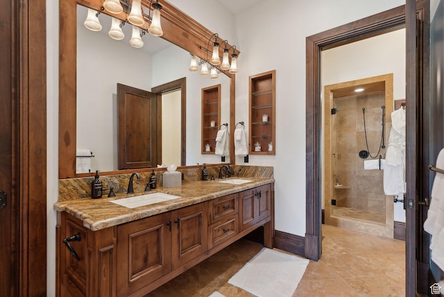 340 Hollyhock St, Park City, UT 84098 - bathroom featuring a stall shower, tile patterned flooring, and a sink