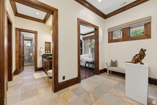 340 Hollyhock St, Park City, UT 84098 - corridor with visible vents, baseboards, ornamental molding, and recessed lighting