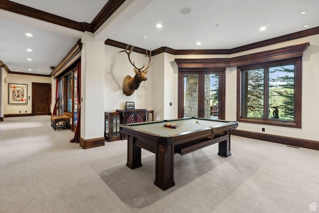 340 Hollyhock St, Park City, UT 84098 - playroom with crown molding, baseboards, light colored carpet, billiards, and recessed lighting