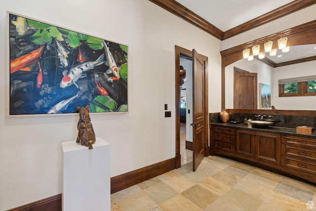 340 Hollyhock St, Park City, UT 84098 - bathroom featuring baseboards, ornamental molding, and vanity