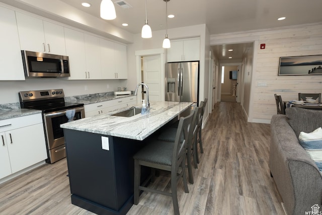 553 S 100 W Unit 203, Richfield, UT 84701 - kitchen with stainless steel appliances, light wood-style floors, a breakfast bar area, white cabinetry, and light stone counters