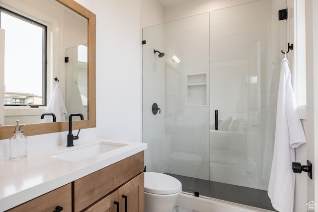 bathroom featuring a shower stall, toilet, and vanity