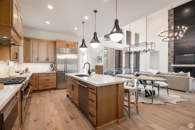 kitchen featuring a sink, high quality appliances, a chandelier, and light wood-type flooring