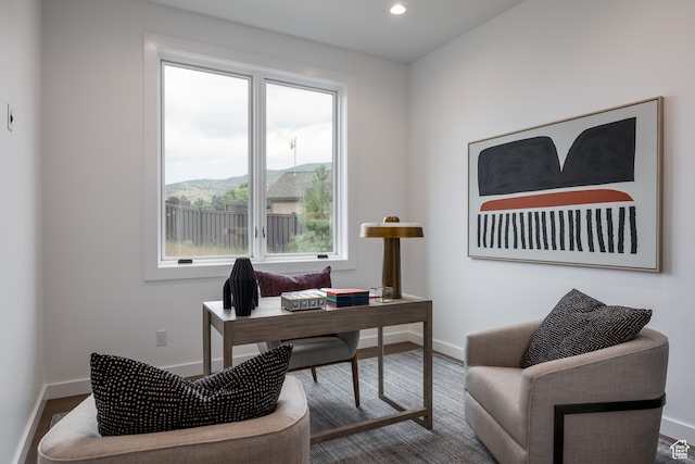 home office with dark hardwood / wood-style flooring