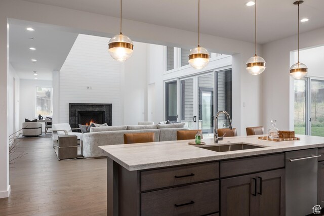 838 N Burro Peak Cir, Heber City, UT 84032 - kitchen featuring a sink, light wood finished floors, recessed lighting, a warm lit fireplace, and decorative light fixtures