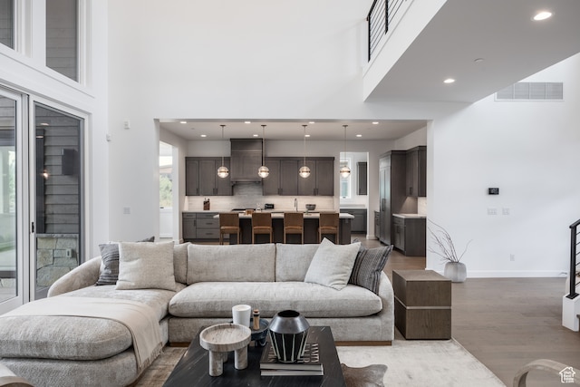 living room featuring a high ceiling and hardwood / wood-style floors
