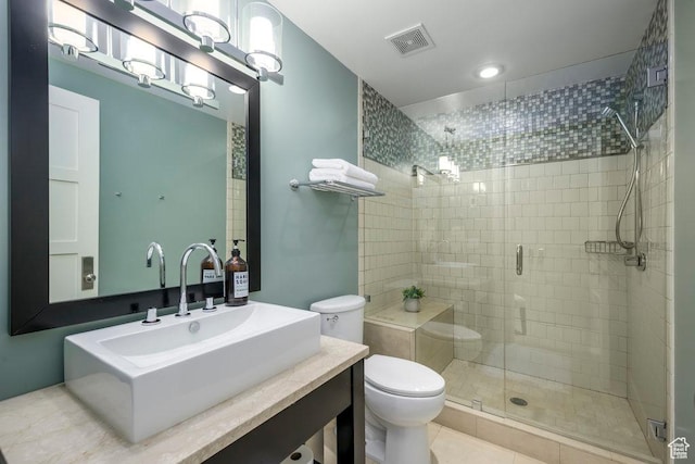 full bath with vanity, visible vents, toilet, and a shower stall