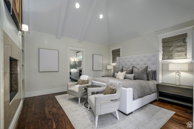 bedroom featuring baseboards, beamed ceiling, high vaulted ceiling, and hardwood / wood-style flooring