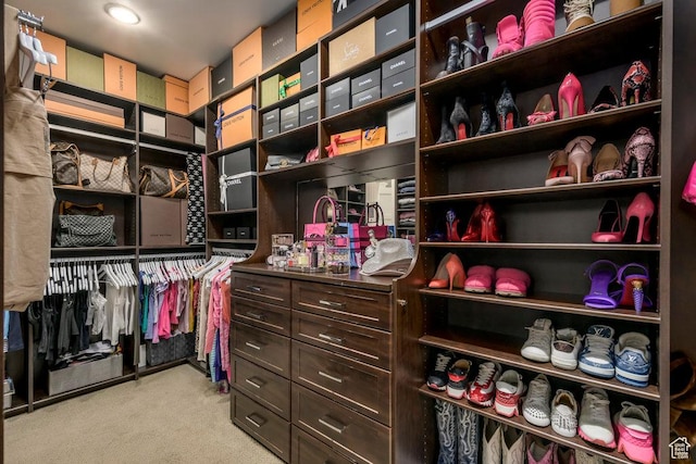 walk in closet with light carpet