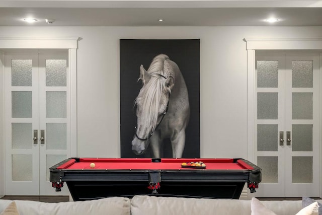 recreation room featuring french doors and pool table