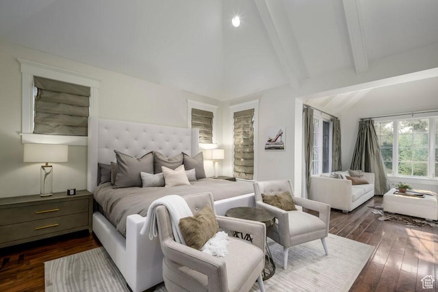 bedroom with dark wood-style flooring and vaulted ceiling with beams