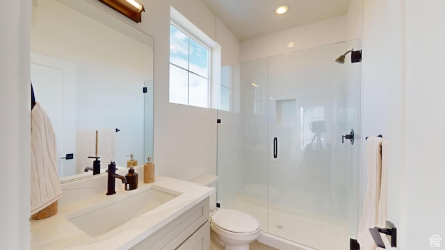 full bathroom featuring toilet, a shower stall, and vanity