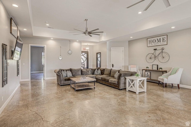 3243 S 4900 W, Hurricane, UT 84737 - living room with baseboards, recessed lighting, a ceiling fan, and a raised ceiling