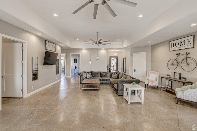 3243 S 4900 W, Hurricane, UT 84737 - living room featuring baseboards, a raised ceiling, recessed lighting, and a ceiling fan