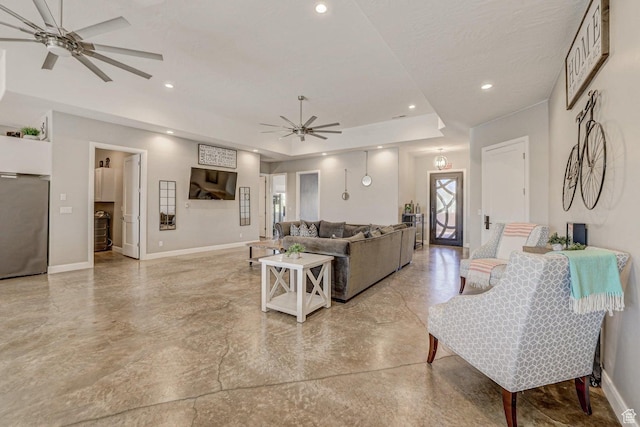 3243 S 4900 W, Hurricane, UT 84737 - living area with baseboards, a raised ceiling, recessed lighting, and a ceiling fan