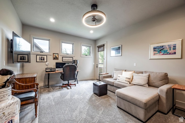 office area with baseboards, carpet flooring, and recessed lighting
