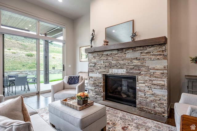 living area with wood finished floors, a fireplace, and recessed lighting