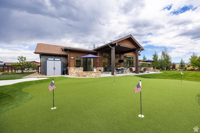 view of community with a patio area, driveway, and an attached garage