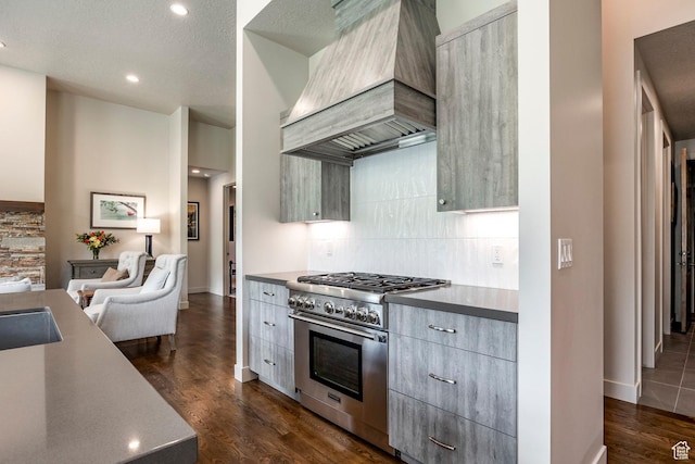 kitchen featuring stainless steel stove, tasteful backsplash, modern cabinets, custom range hood, and dark wood-type flooring