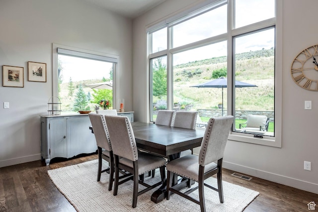 dining room with dark wood-style floors, baseboards, and visible vents