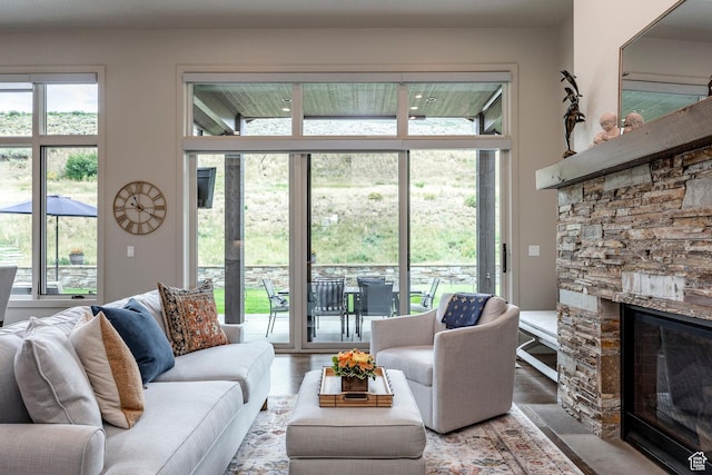 living area featuring a healthy amount of sunlight and a stone fireplace