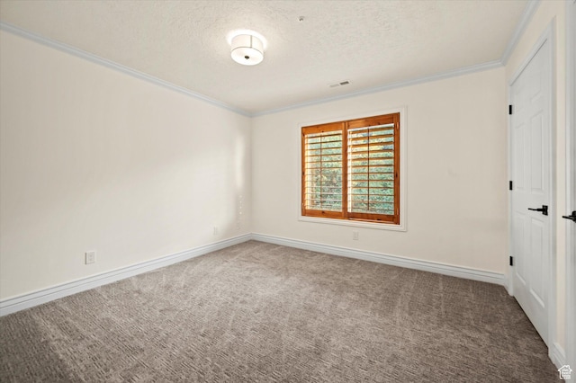 carpeted empty room with crown molding, baseboards, a textured ceiling, and visible vents